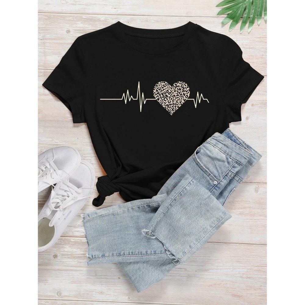 New SHEIN LUNE Electrocardiogram Print Round Neck T-Shirt in black - Size XS‎